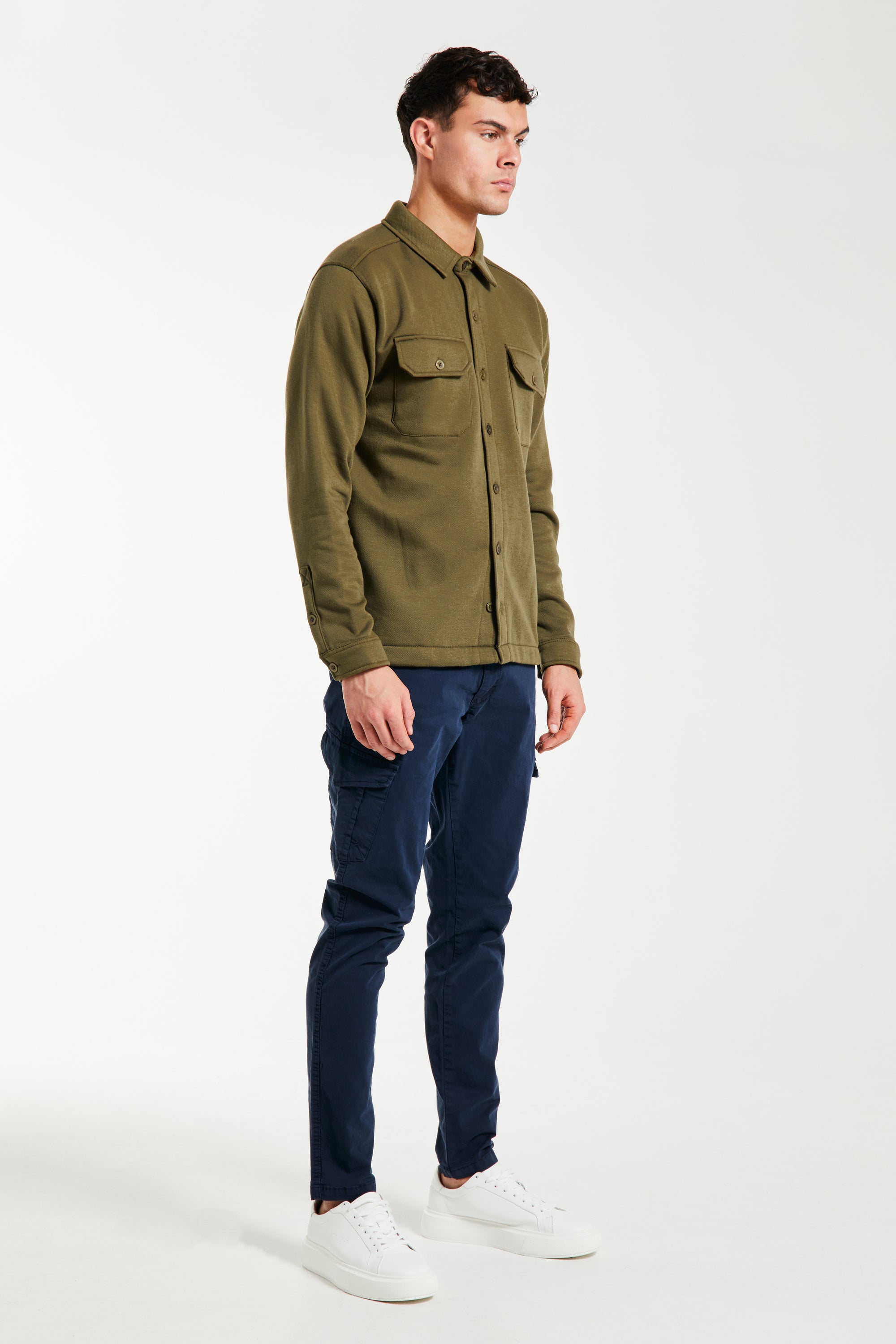 men&#39;s overshirt with cuffed sleeves in khaki green