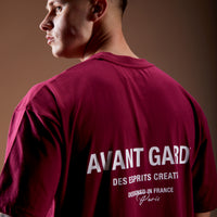 Brand detail of Avant Garde tee (burgundy)