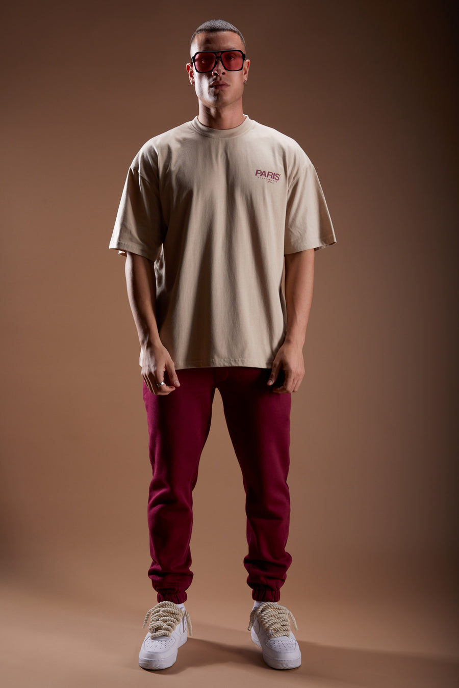 Taupe T-shirt and Burgundy Joggers