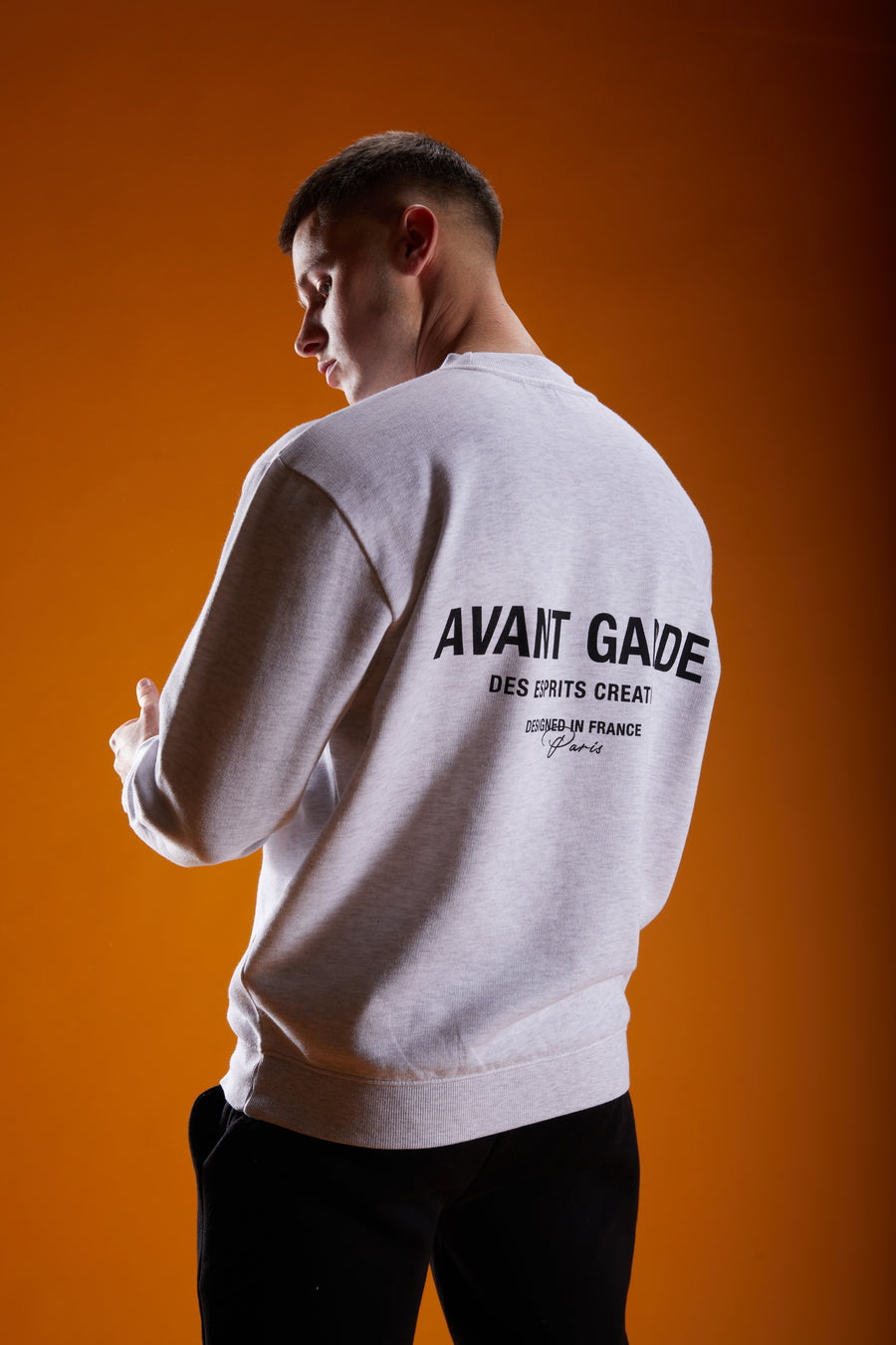 Back design of grey marl sweatshirt