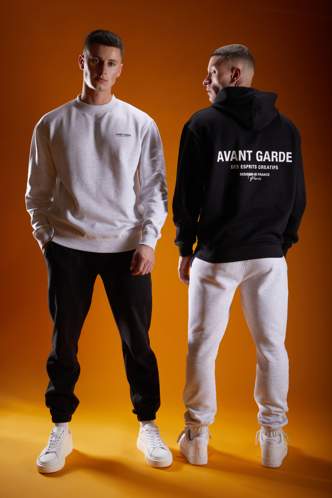 2 model in grey marl sweatshirt and joggers