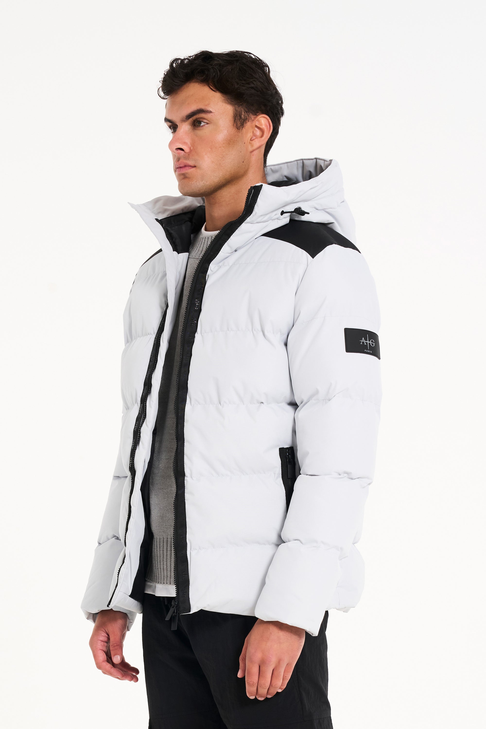 Side Profile of Alps Puffer Jacket in Frost Grey