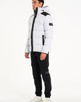 Loge and zip design of mens grey puffer jacket