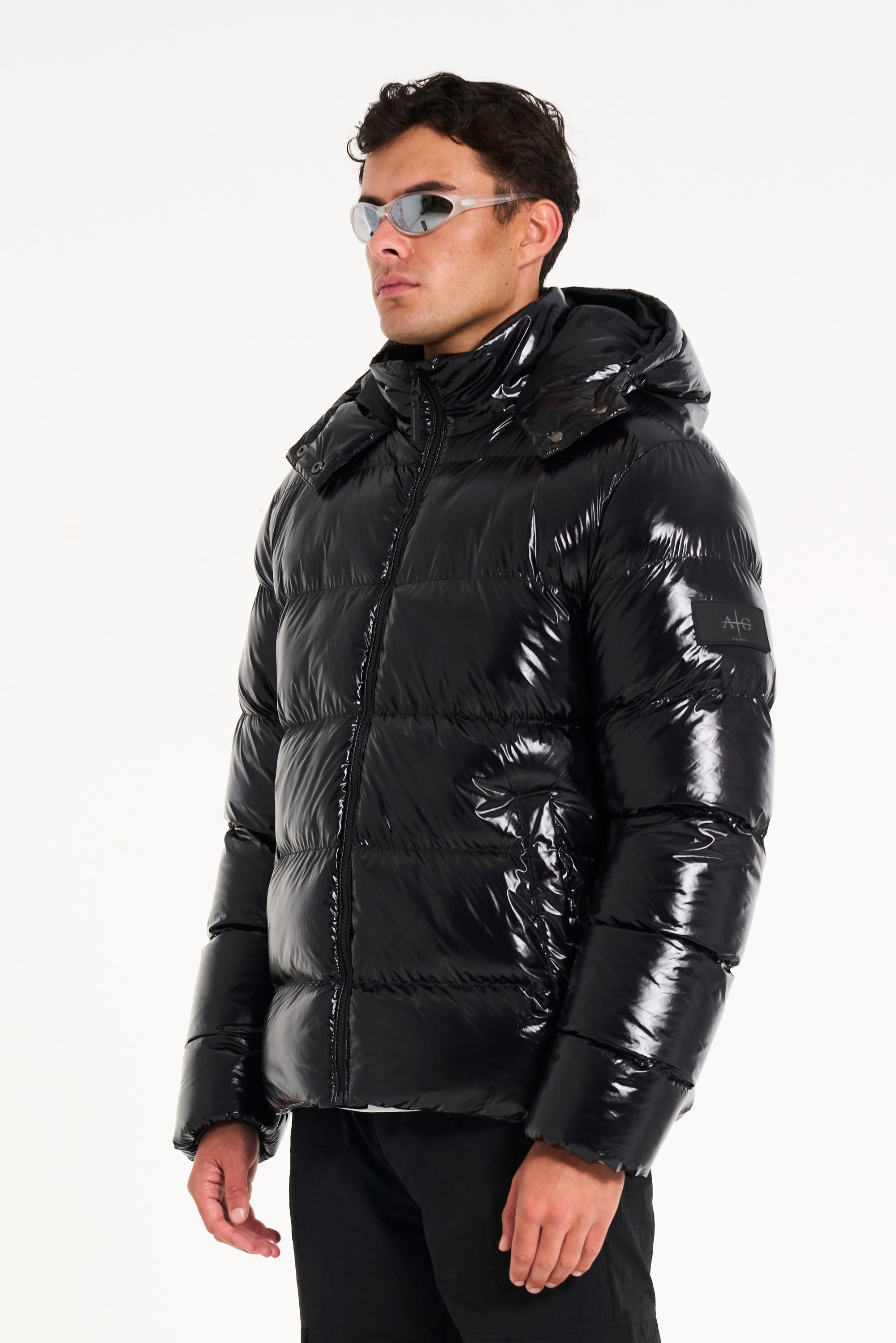 Model wearing black winter bubble coat