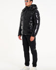 hooded puffer jacket zipped up (full model image)