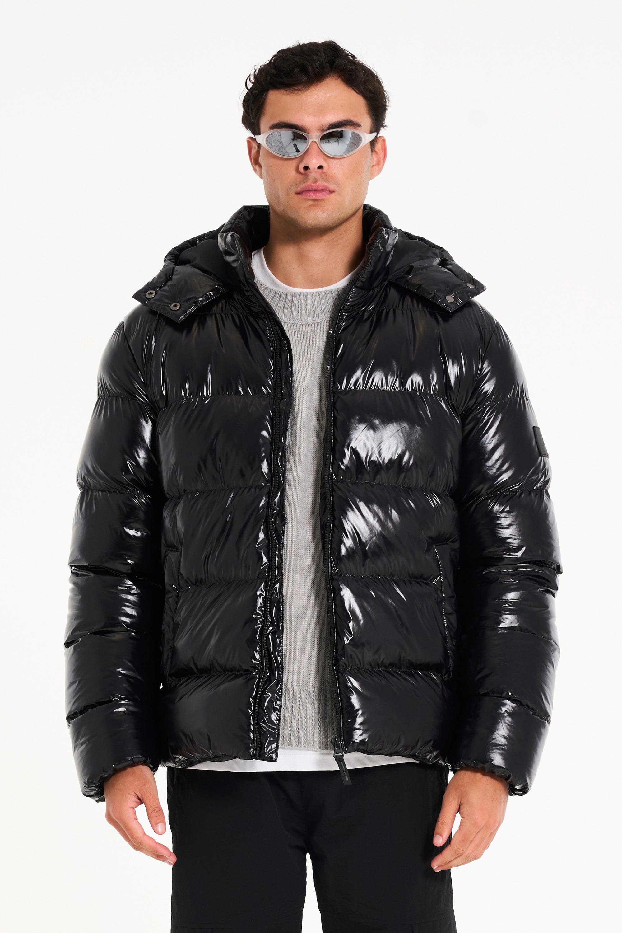 Mens hooded puffer jacket unzipped