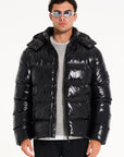 Mens hooded puffer jacket unzipped