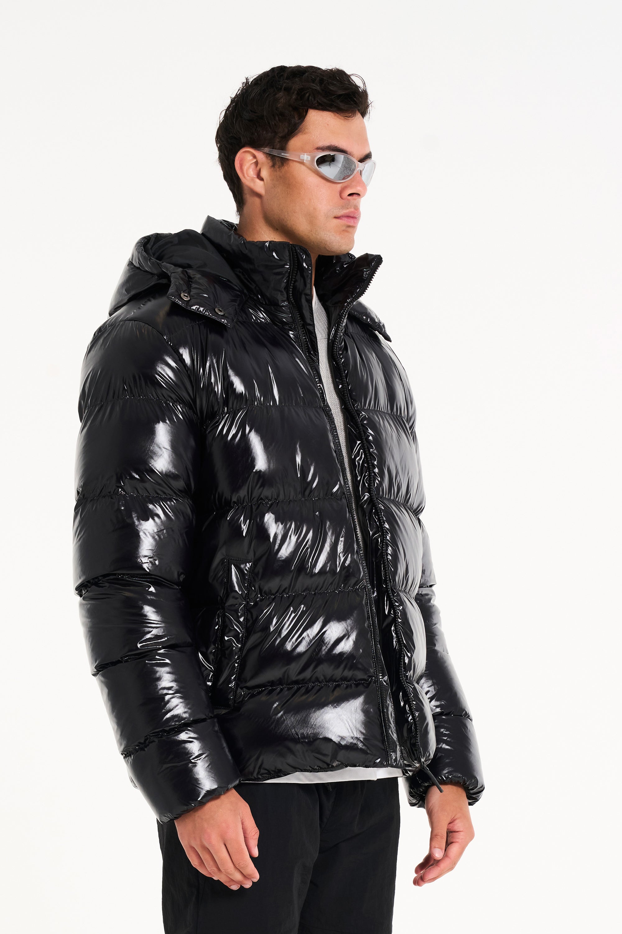 hooded puffer jacket and trousers in black