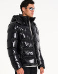 hooded puffer jacket and trousers in black