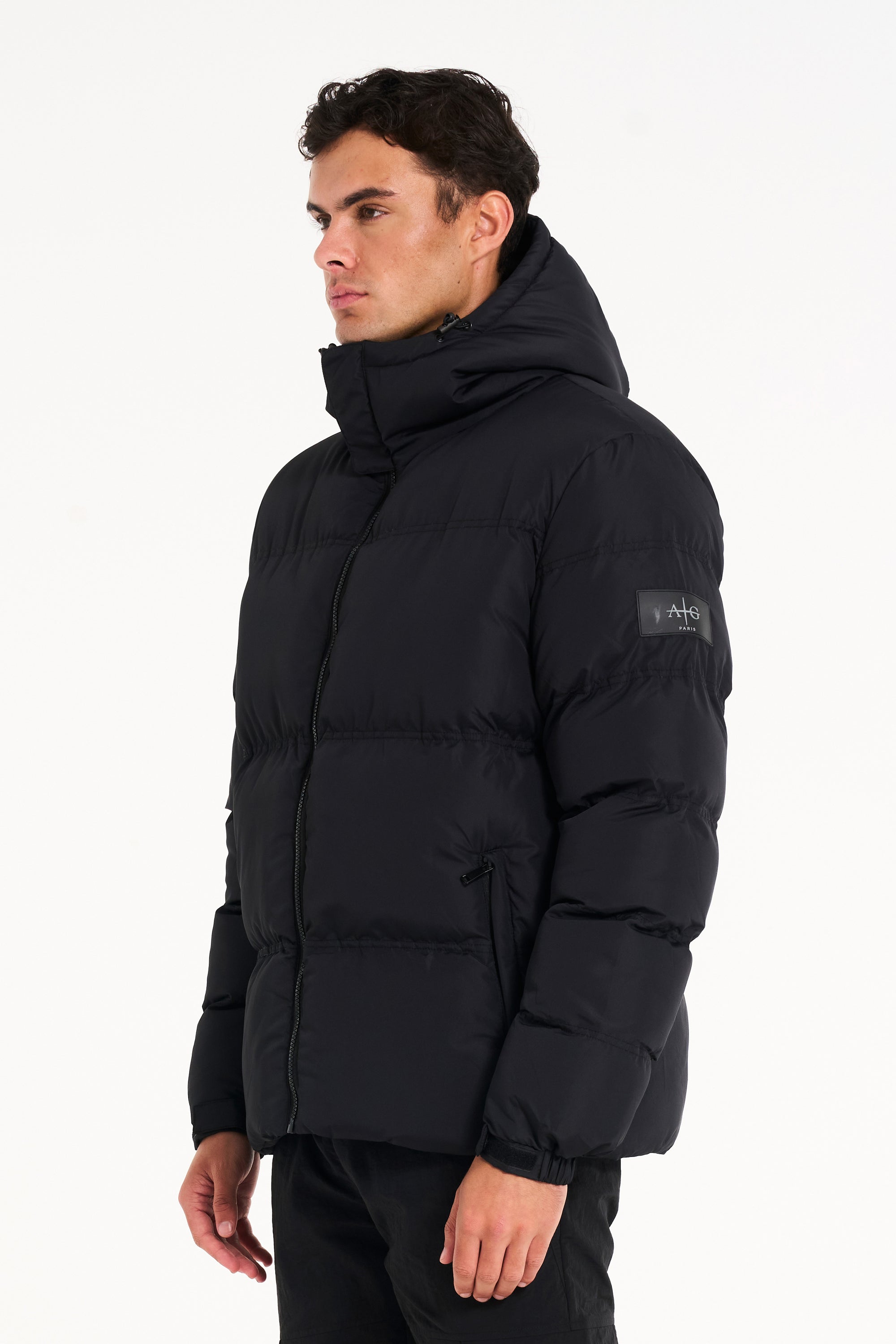 Mens black puffer jacket (side profile)