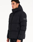 Mens black puffer jacket (side profile)