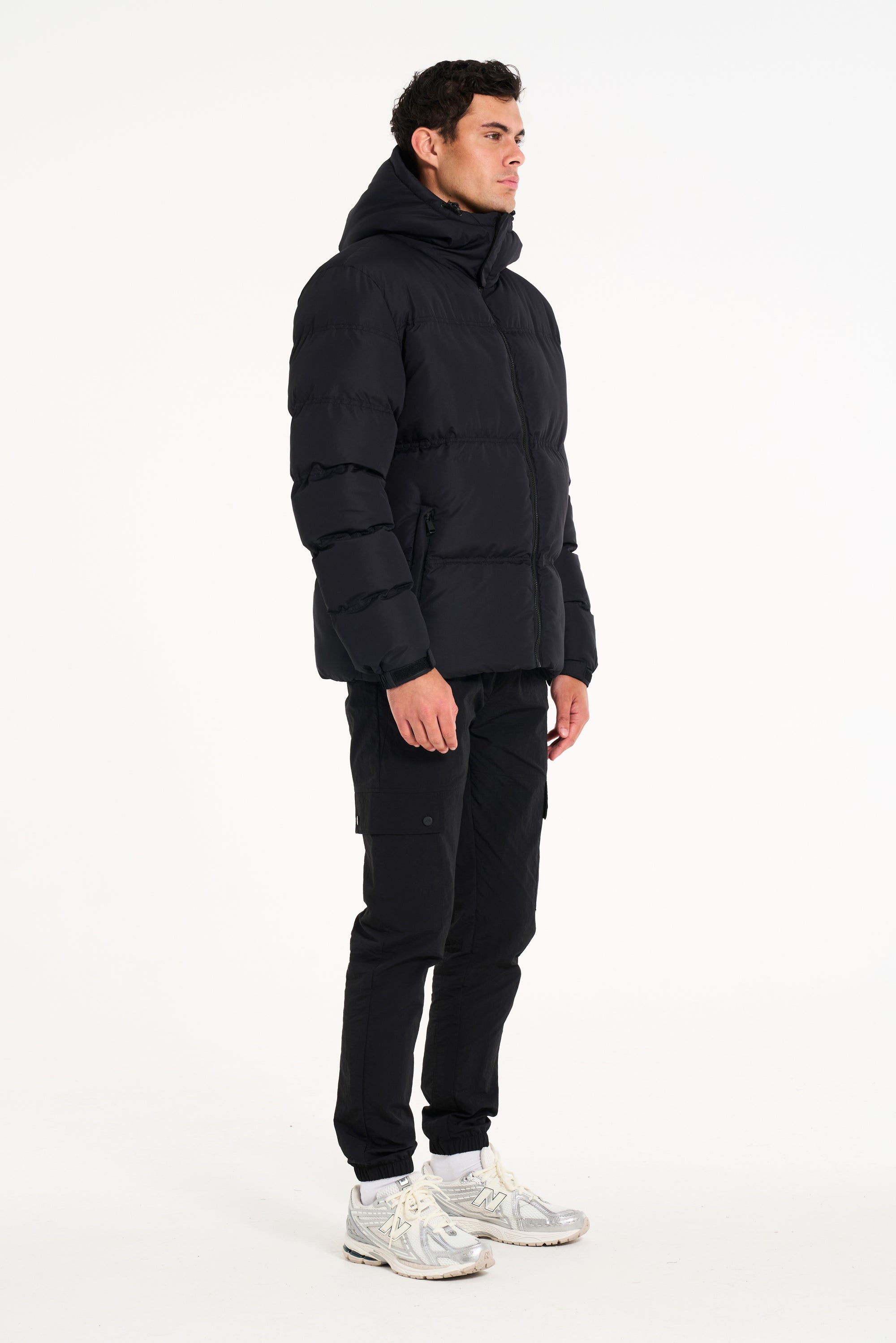 Mens bubble coat in black with cargo trousers