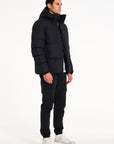 Side of mens black puffer jacket (Unzipped)