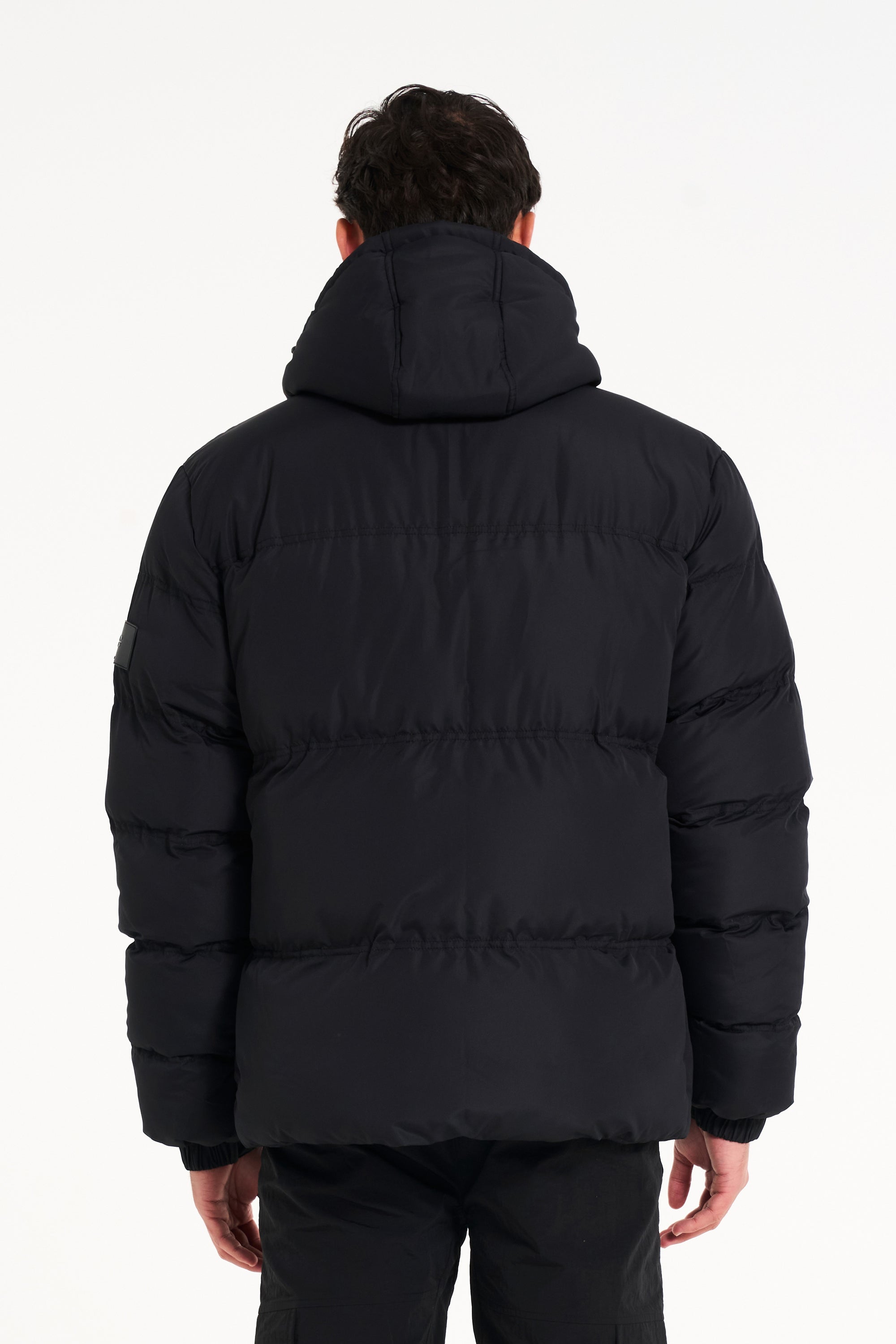 Back of mens black puffer jacket