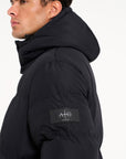 Logo detail of mens black puffer jacket