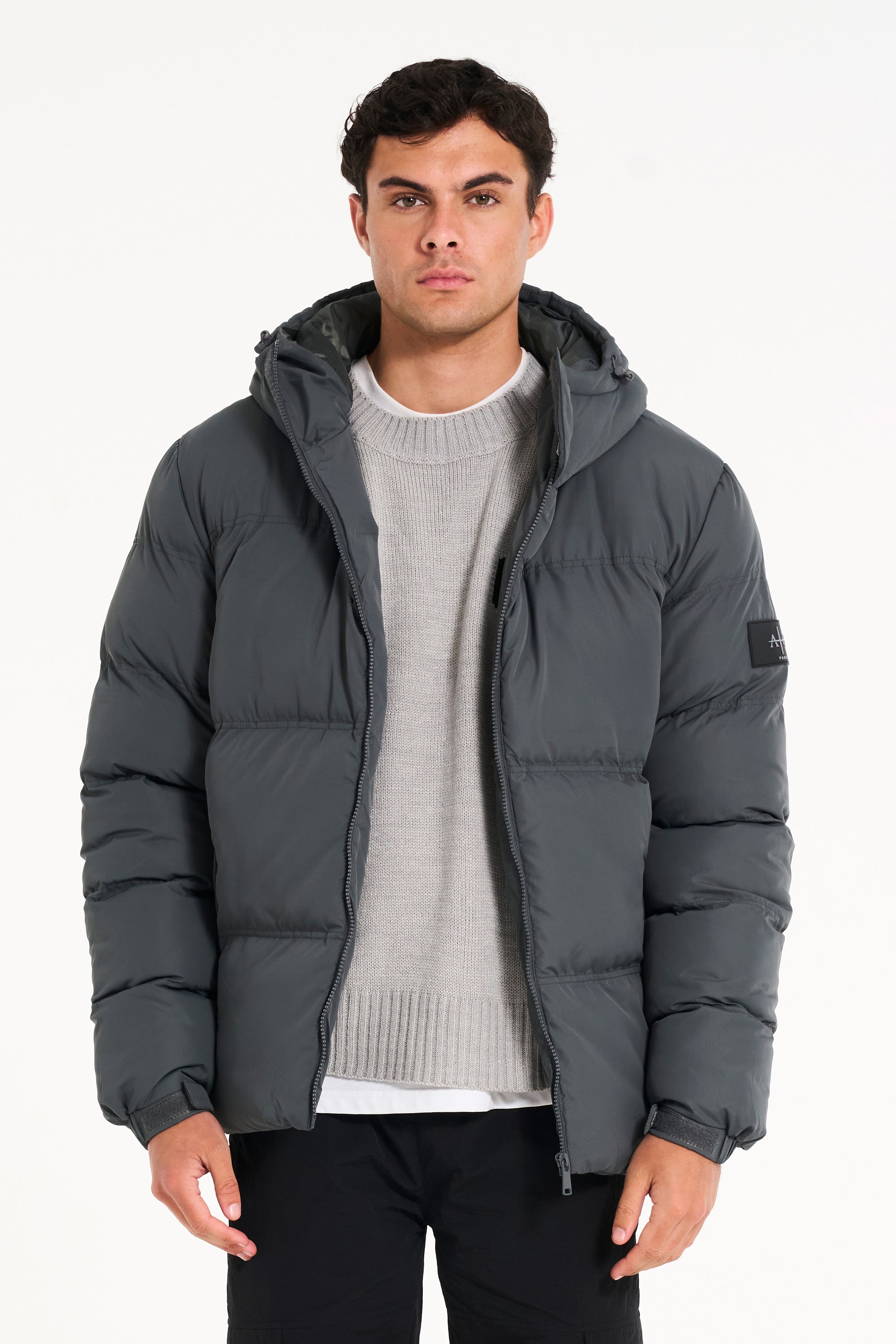 Mens charcoal puffer jacket &amp; grey knit jumper