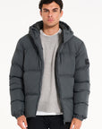 Mens charcoal puffer jacket & grey knit jumper