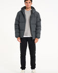 Mens puffer jacket in charcoal (unzipped)