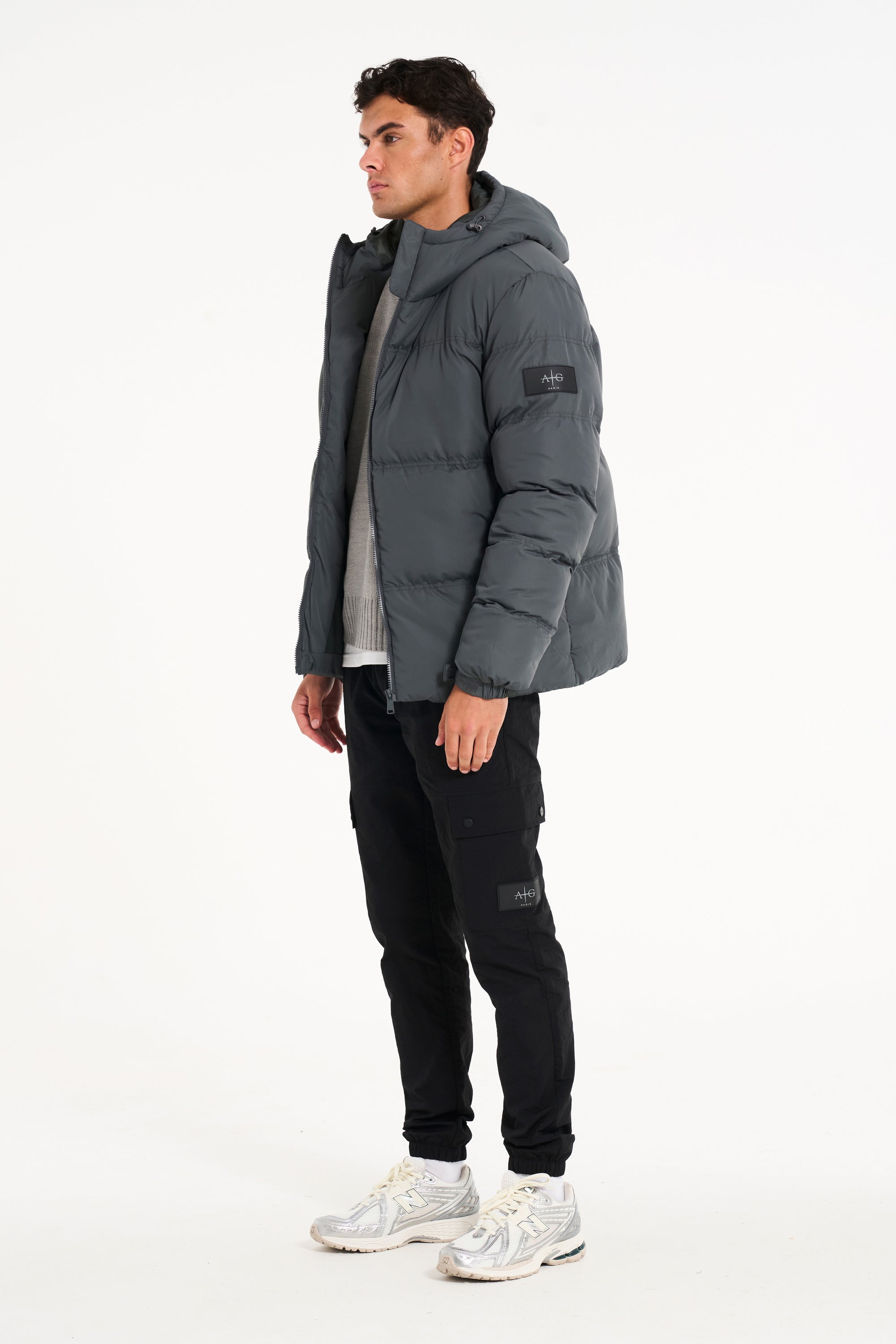 Mens charcoal puffer jacket and black pants