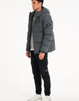 Mens charcoal puffer jacket and black pants