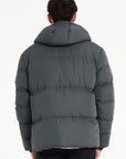 Back of charcoal puffer jacket