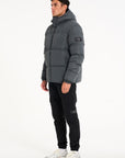 Side of mens puffer jacket (full model view)