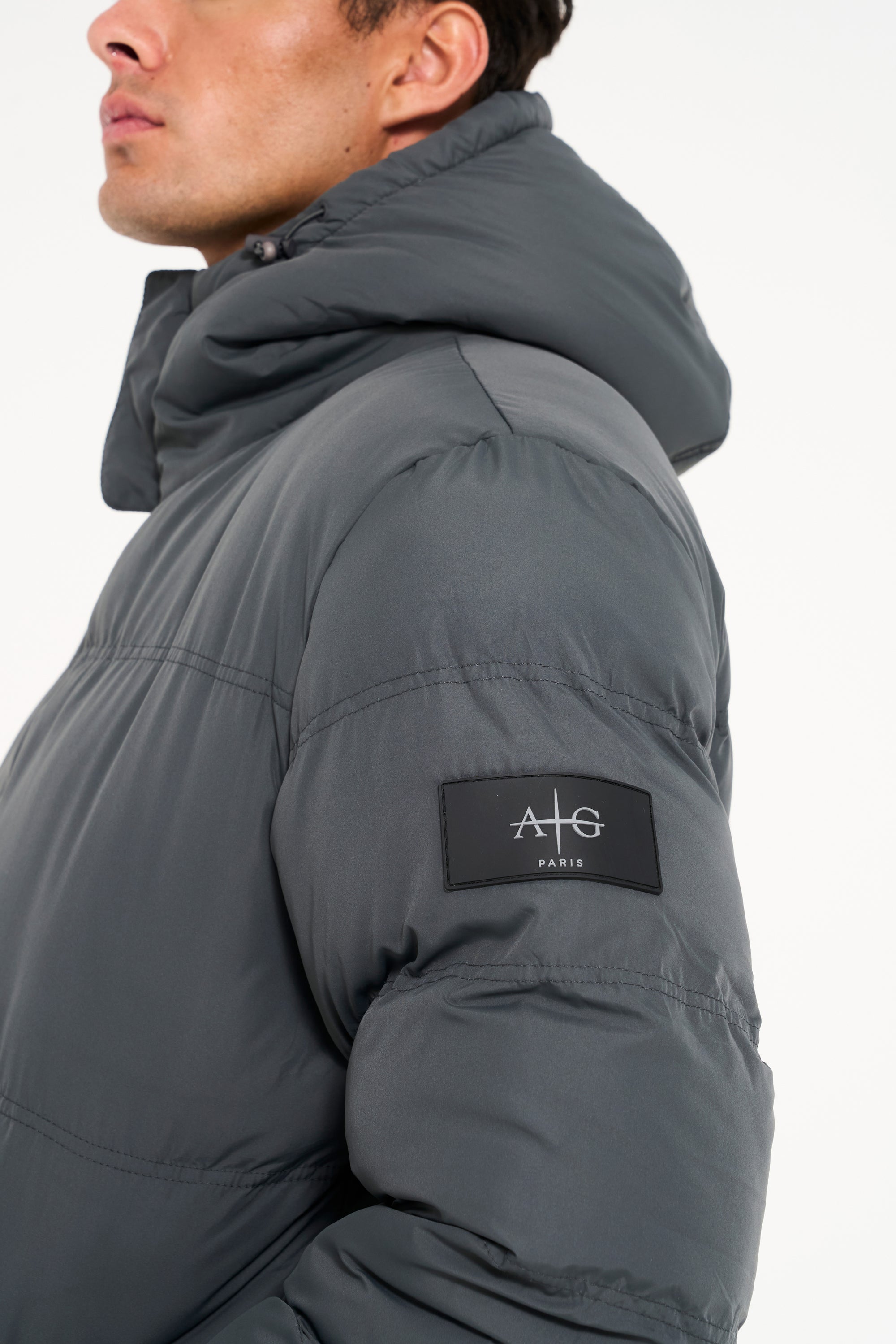 Logo detail on mens charcoal puffer jacket