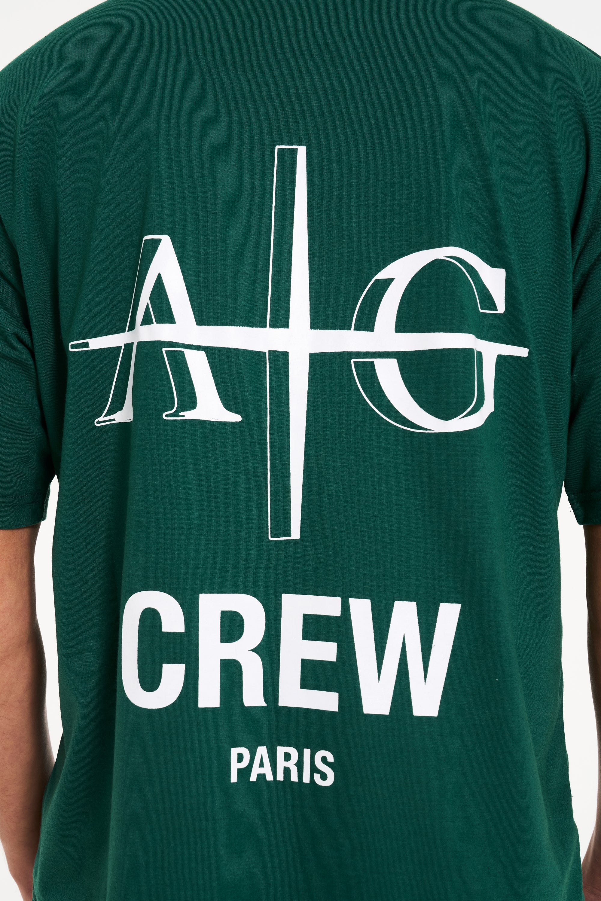 Back shot of Avant Garde crew neck T-shirt in green with large logo and CREW writing