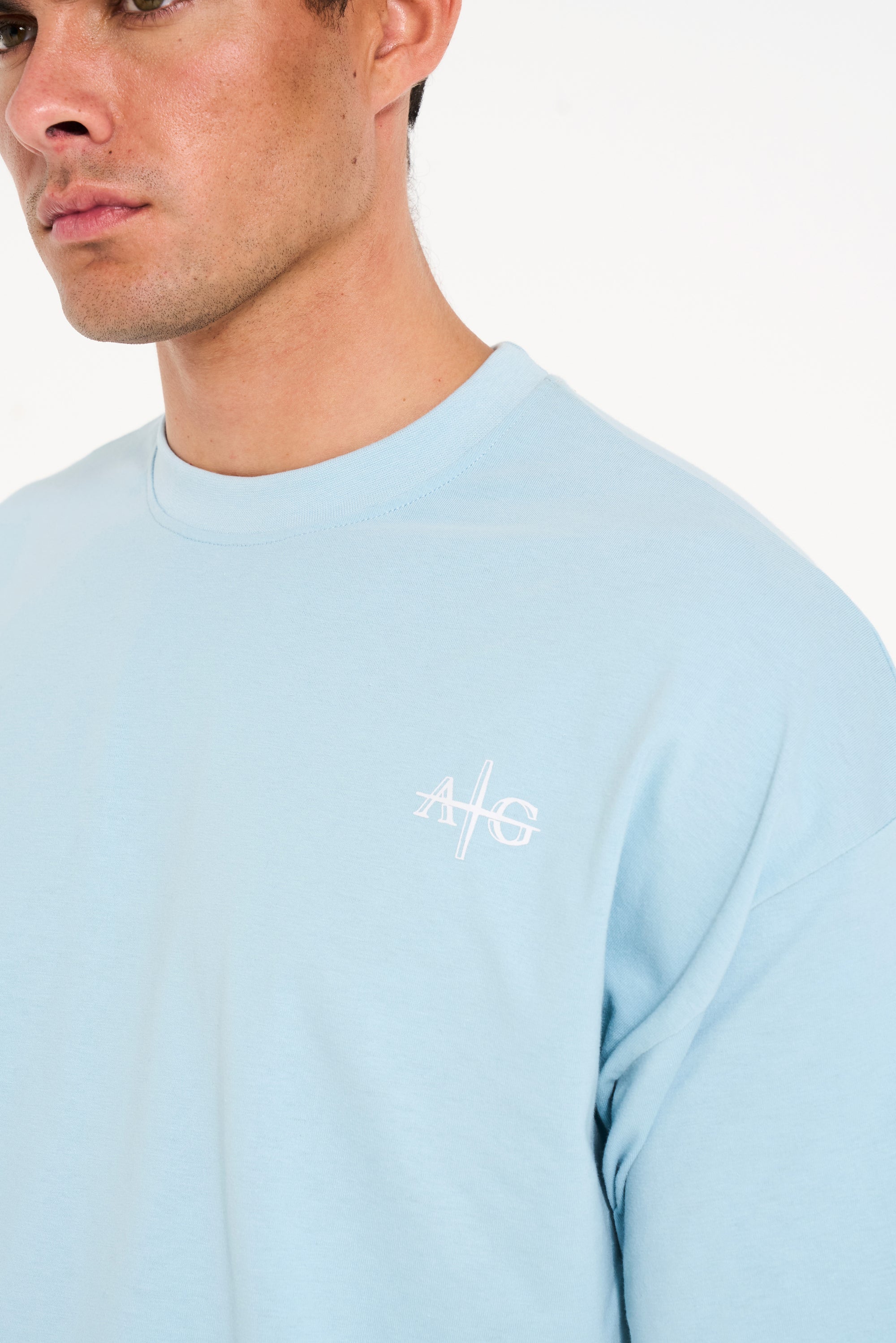 Close up shot of Avant Garde crew neck T-shirt in sky blue