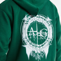 back profile of mens twin set hoodie in dark green with white 'Avant Garde' Logo