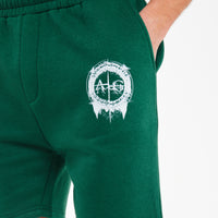 Forest green mens twin short sets close up of shorts with logo 