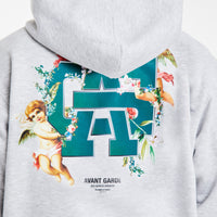 Close up of 'Avant Garde Paris' logo on back of mens hoodies in grey marl