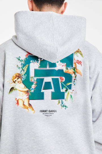 Close up of 'Avant Garde Paris' logo on back of mens hoodies in grey marl