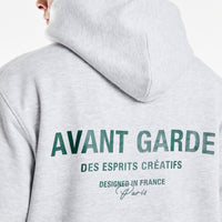 close up of 'Avant Garde' logo on back of men's hoodies in grey marl 