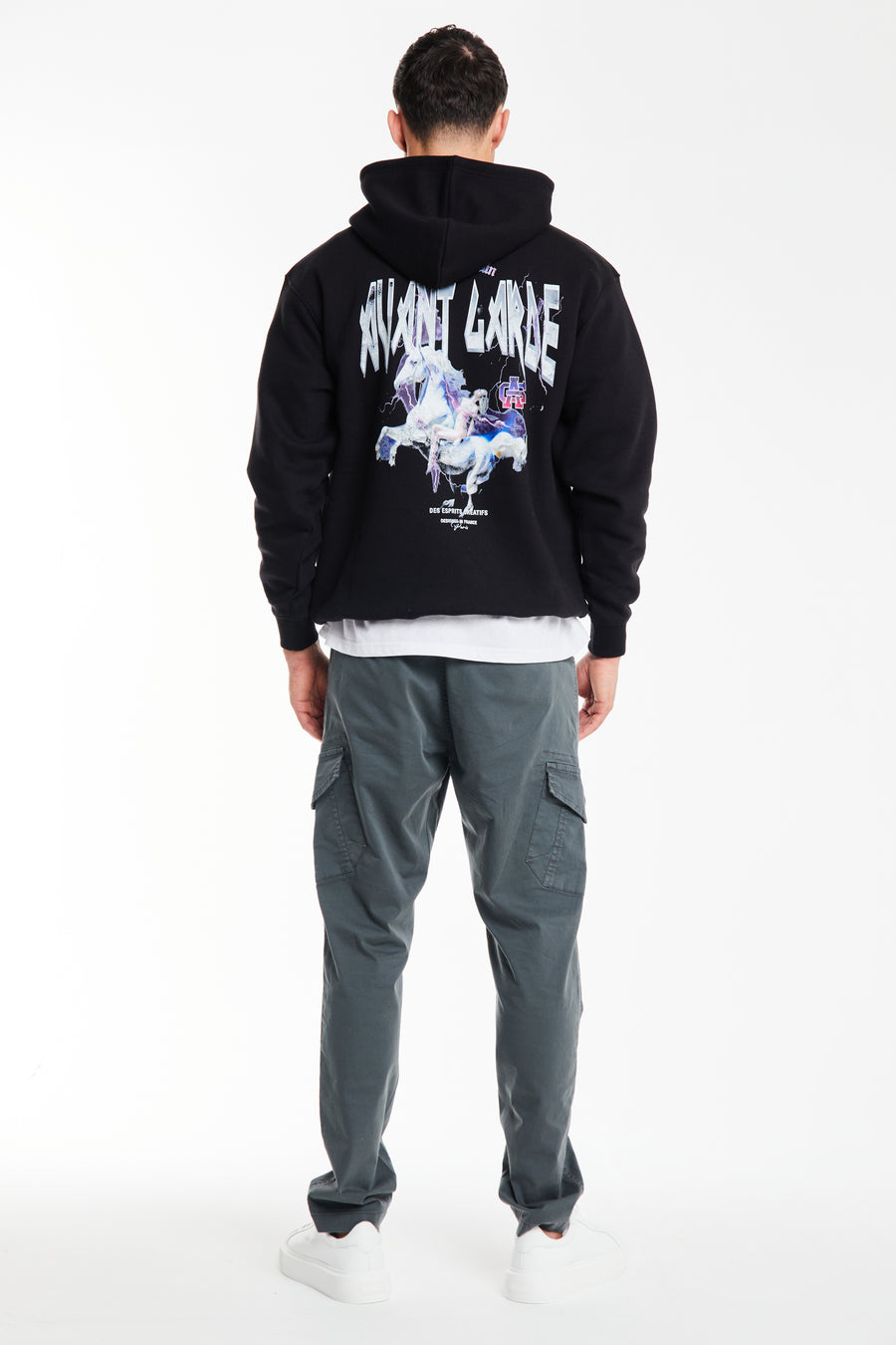 Back profile of men's hoodie sale in black with unicorn 'Avant Garde Logo'