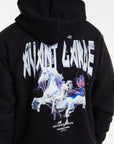 Model wearing black mens hoodies with graphic unicorn 'Avant Garde Paris' logo on back 