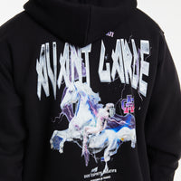 Model wearing black mens hoodies with graphic unicorn 'Avant Garde Paris' logo on back 