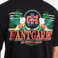 Close up of 'Avant Garde' logo on black t shirt