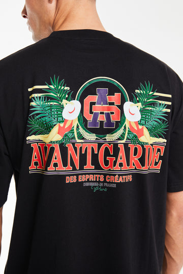 Close up of 'Avant Garde' logo on black t shirt