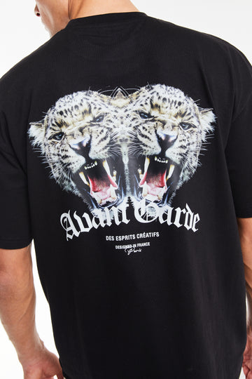 Close up of men's t-shirt sale showing graphic 'Avant Garde' animal logo