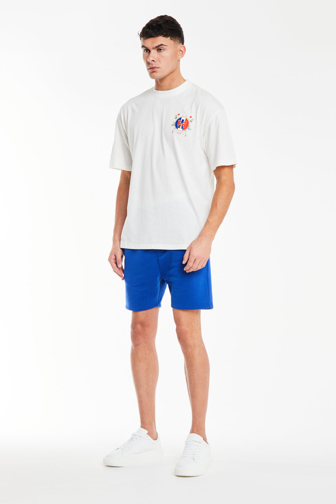 mens t shirt sale in off white styled with shorts