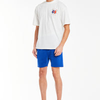 mens t shirt sale in off white styled with shorts