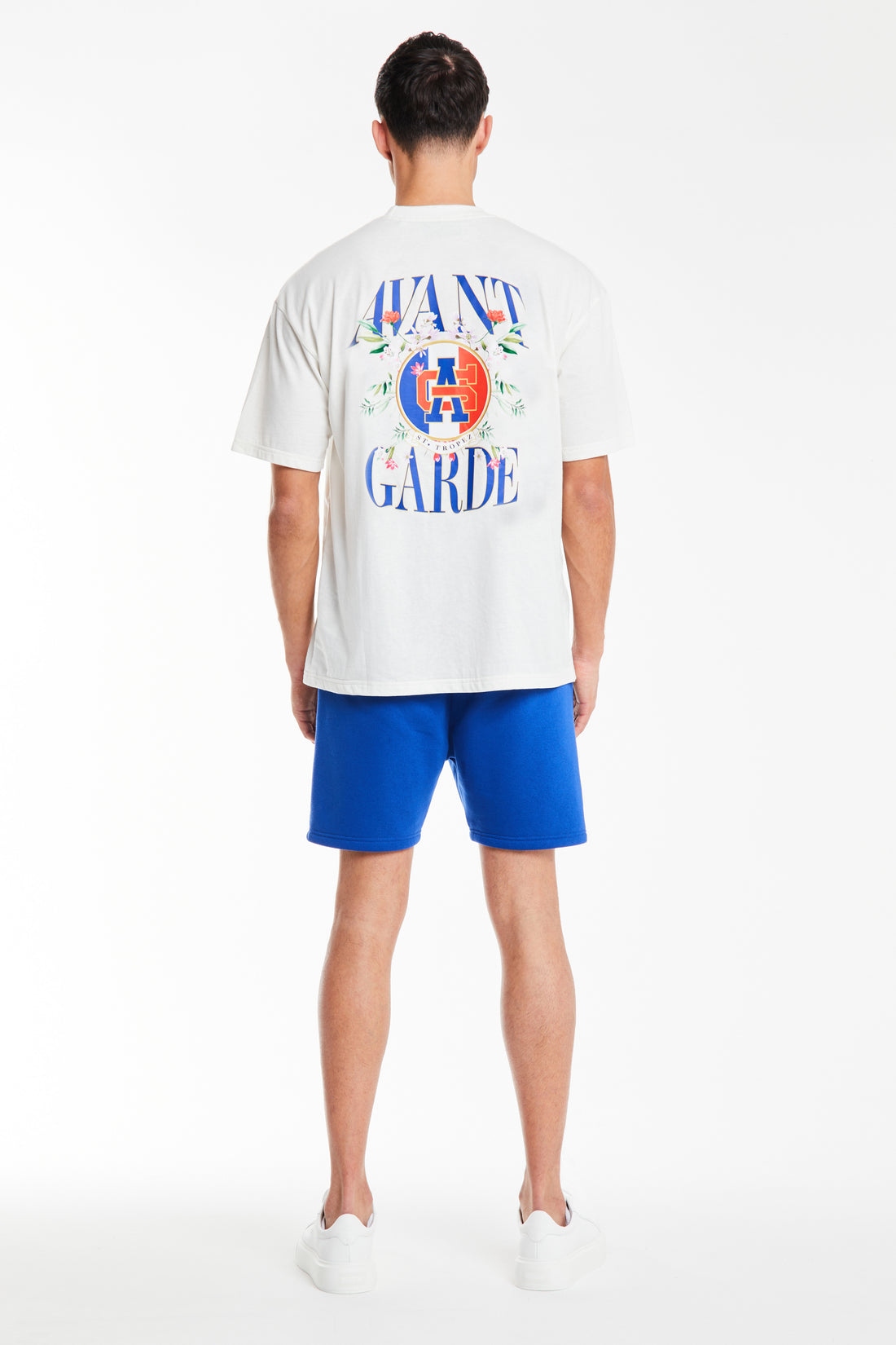 back profile of mens t shirt sale showing 'Avant Garde' logo