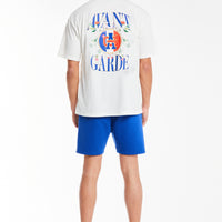 back profile of mens t shirt sale showing 'Avant Garde' logo