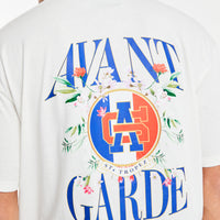 Close up of 'Avant Garde' logo on back of off-white t shirt for men