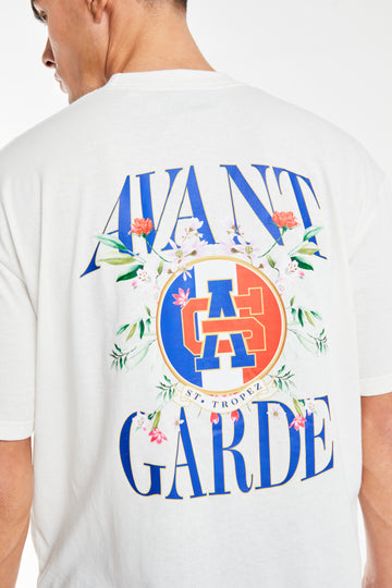 Close up of 'Avant Garde' logo on back of off-white t shirt for men