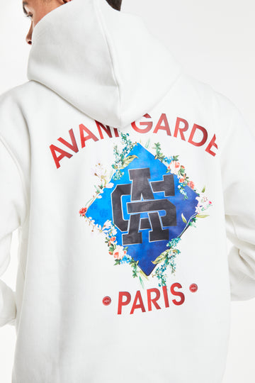 Men's hoodies in off-white with 'Avant Garde Paris' graphic logo on back