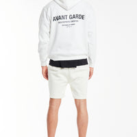 back profile of men's hoodies sale in white with 'Avant Garde' logo