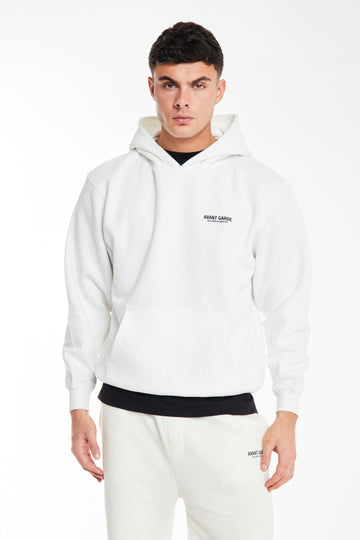 Model wearing ecru hoodie sale 