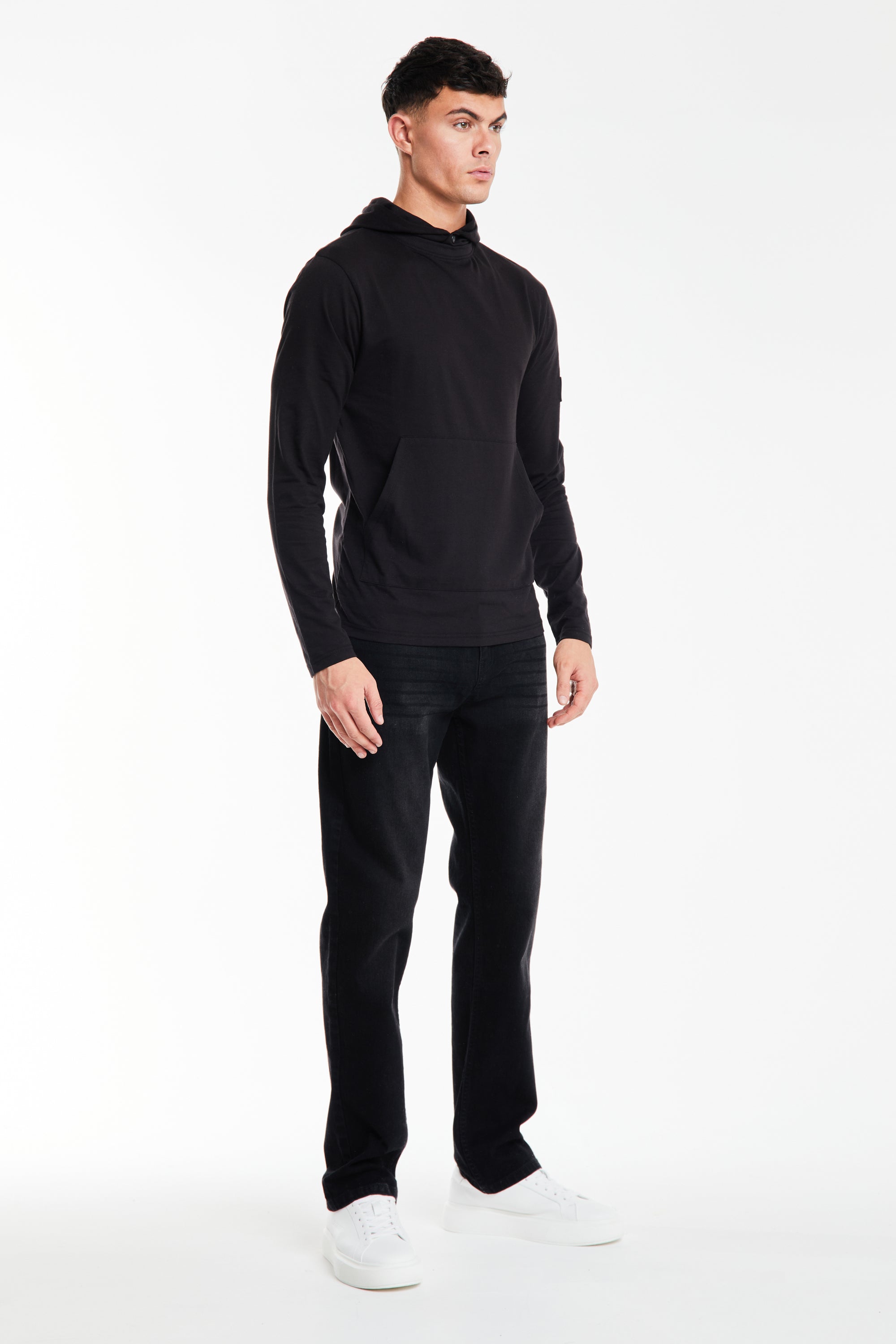 side profile of plain hoodie sale in black